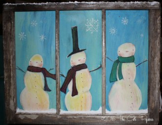 Hand painted Snowmen Scene in Vintage Window
